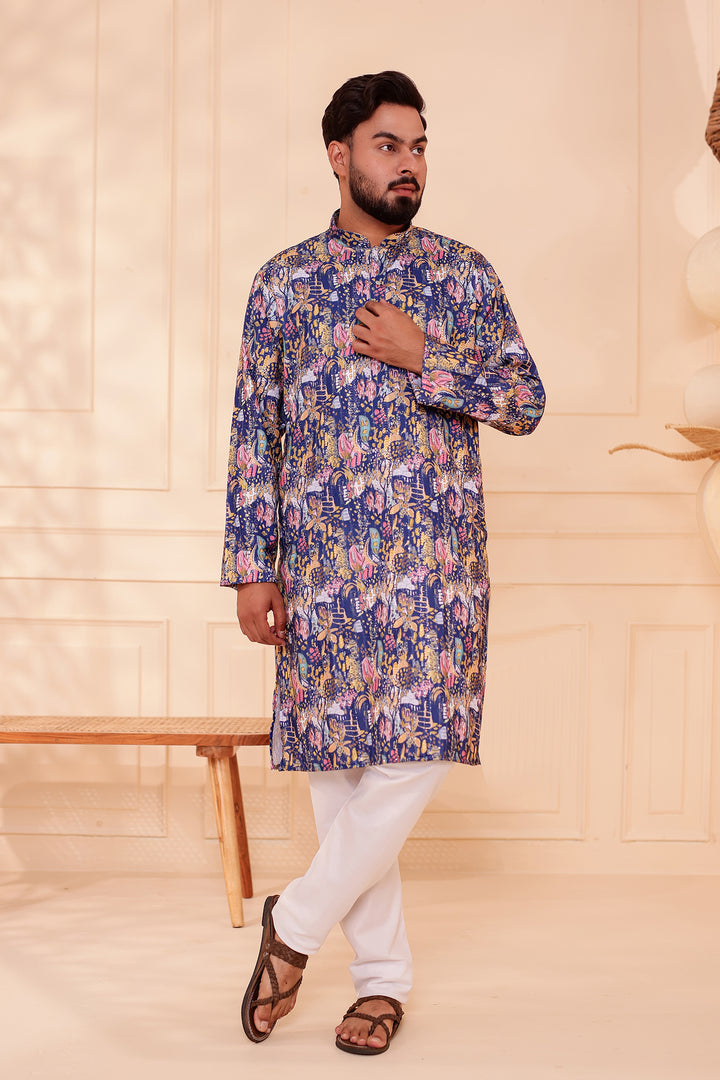 Navy Blue Digital Print Soft Silk Kurta Suit with Self Sequin Work.