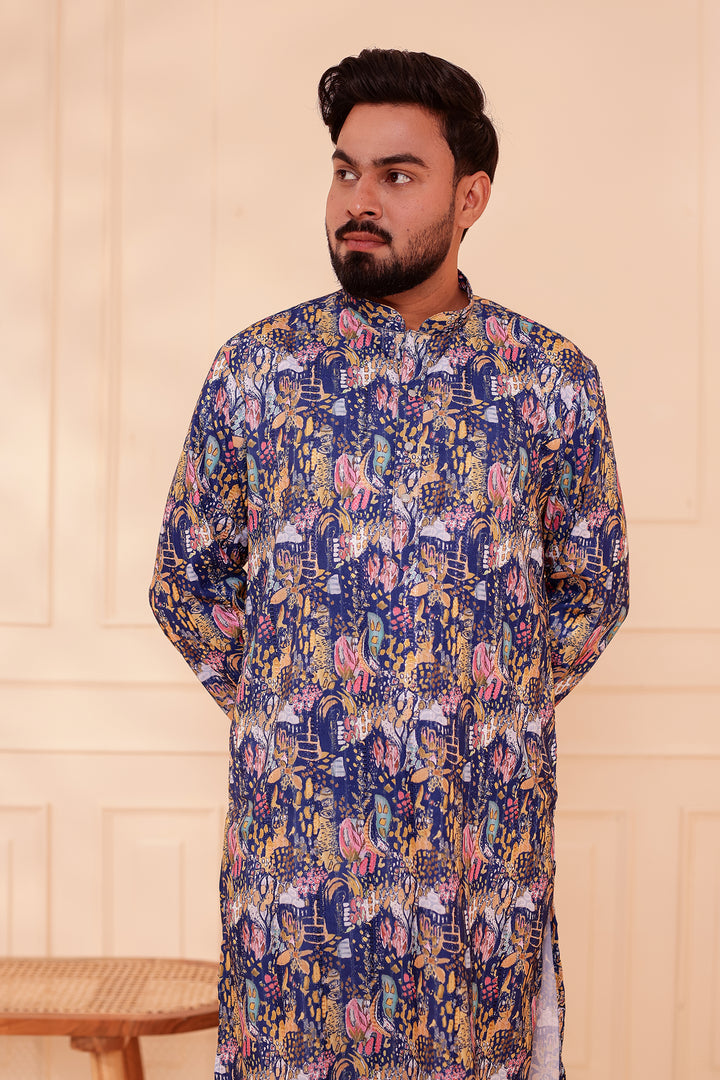 Navy Blue Digital Print Soft Silk Kurta Suit with Self Sequin Work.