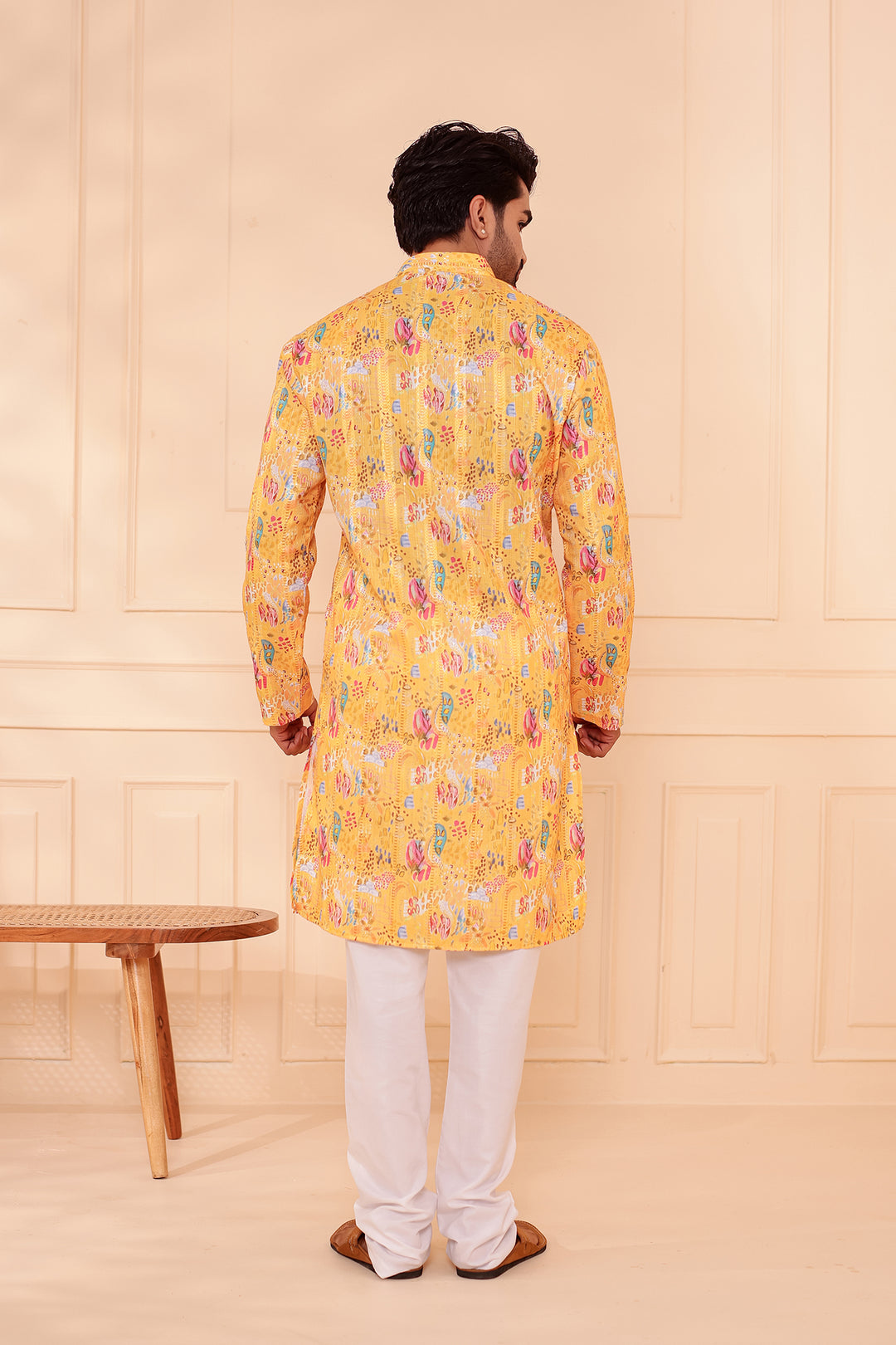 Yellow Digital Print Soft Silk Kurta Suit with Self Sequin Work.