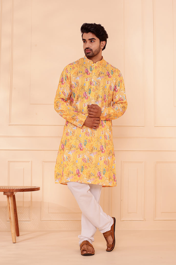 Yellow Digital Print Soft Silk Kurta Suit with Self Sequin Work.