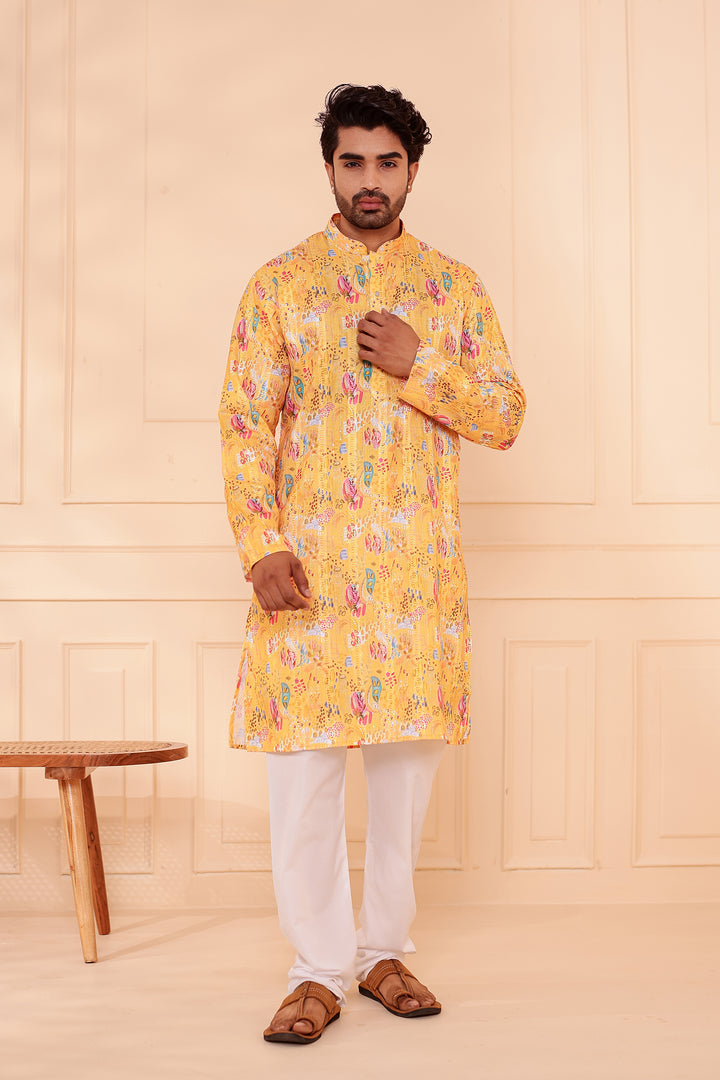 Yellow Digital Print Soft Silk Kurta Suit with Self Sequin Work.
