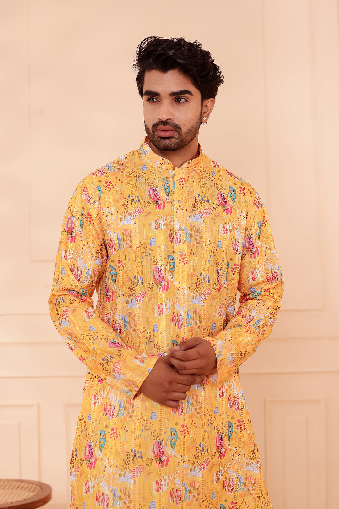 Yellow Digital Print Soft Silk Kurta Suit with Self Sequin Work.