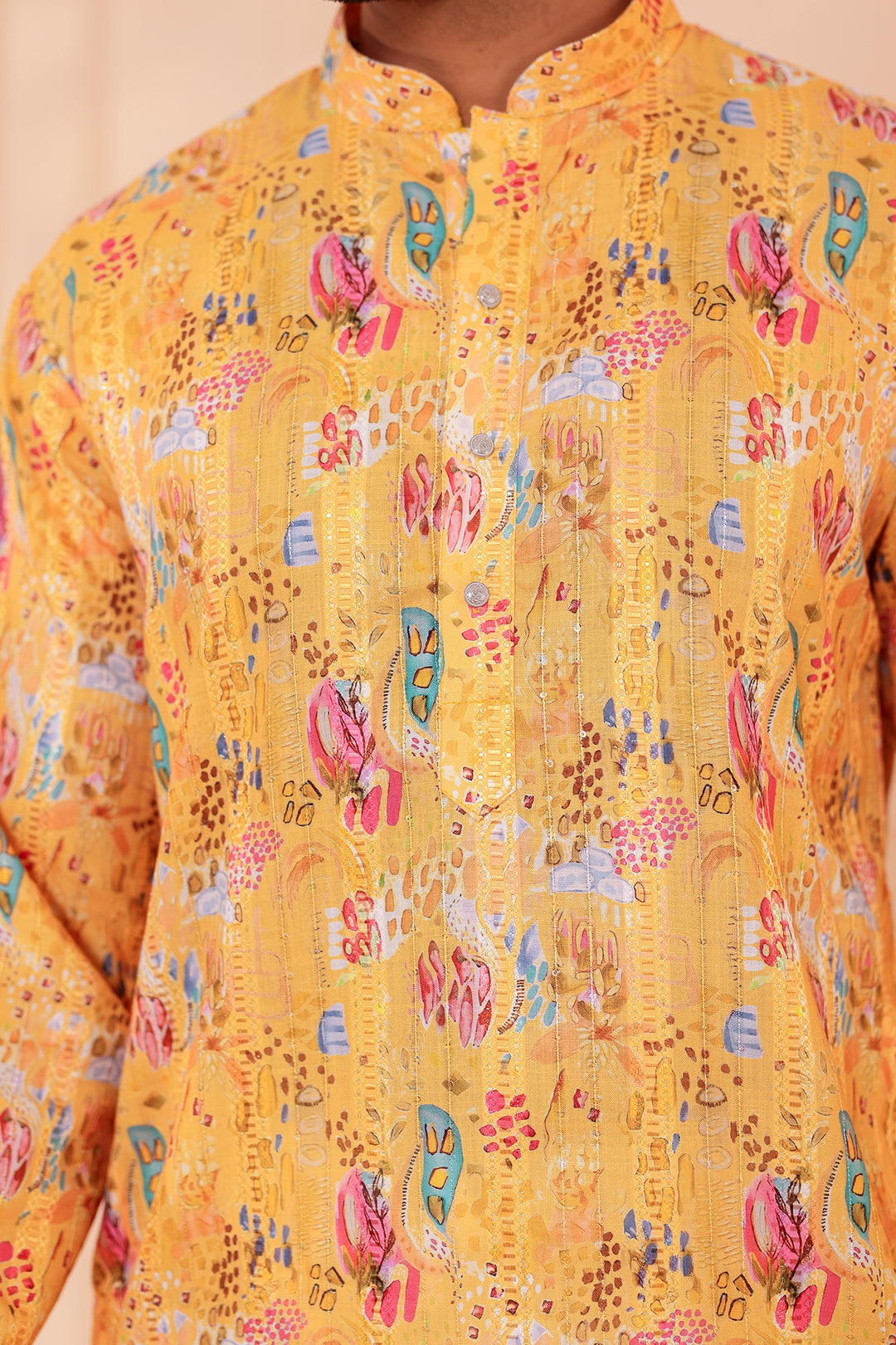 Yellow Digital Print Soft Silk Kurta Suit with Self Sequin Work.