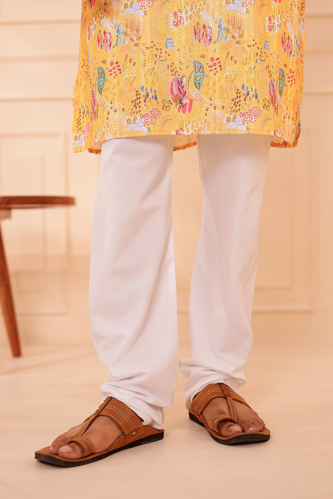 Yellow Digital Print Soft Silk Kurta Suit with Self Sequin Work.