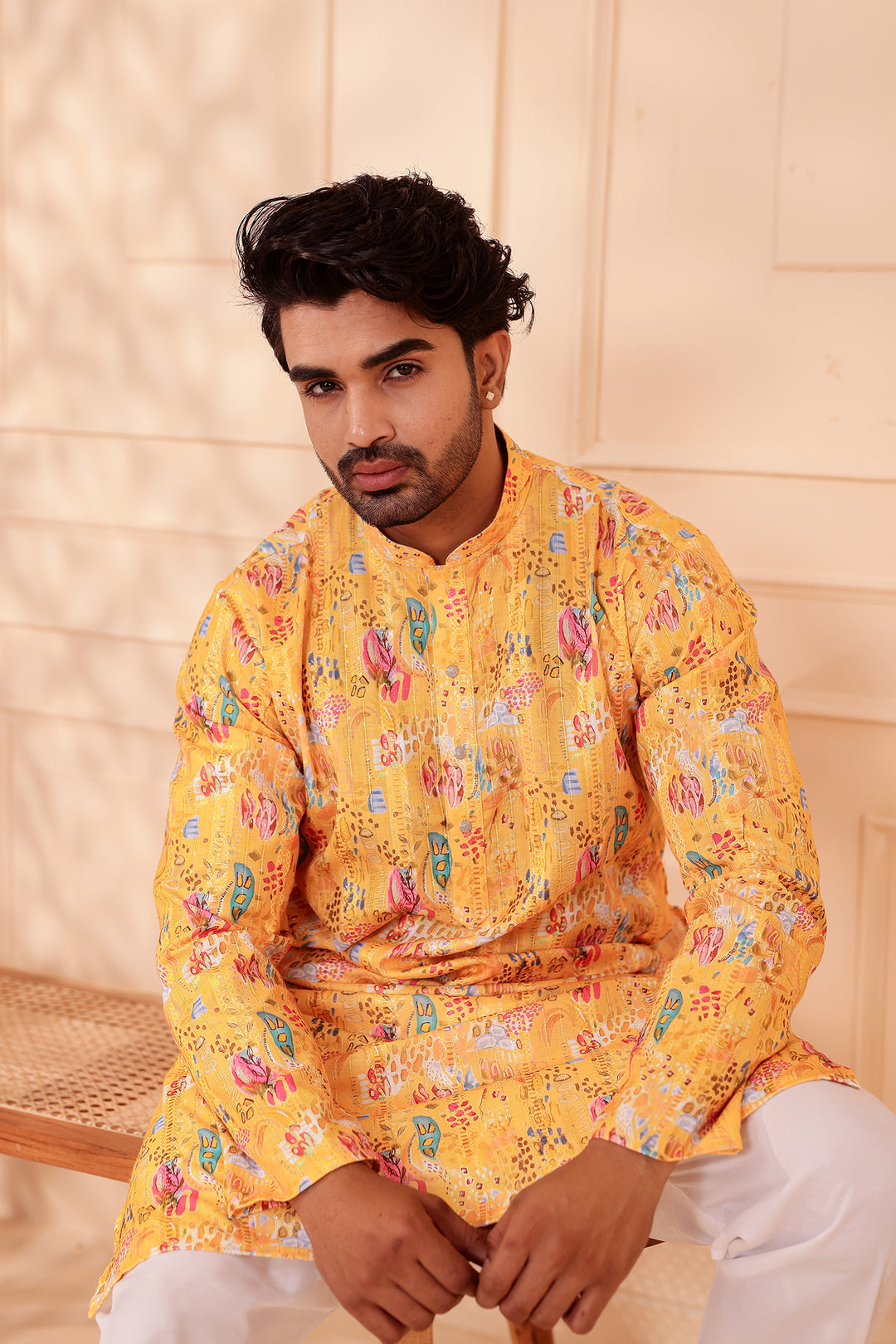 Yellow Digital Print Soft Silk Kurta Suit with Self Sequin Work.
