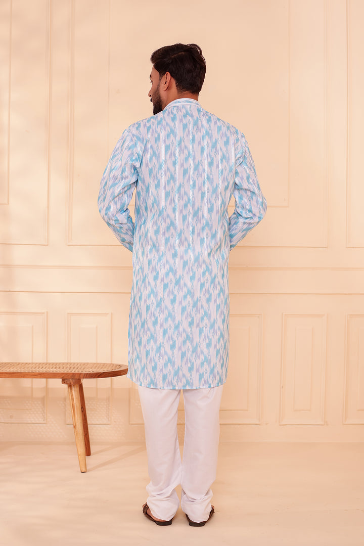 Light Blue Soft Silk Ikat Print Kurta Suit.