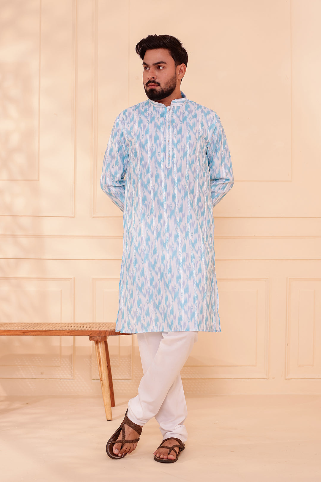 Light Blue Soft Silk Ikat Print Kurta Suit.