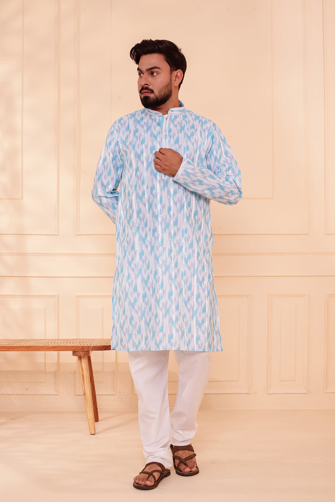 Light Blue Soft Silk Ikat Print Kurta Suit.