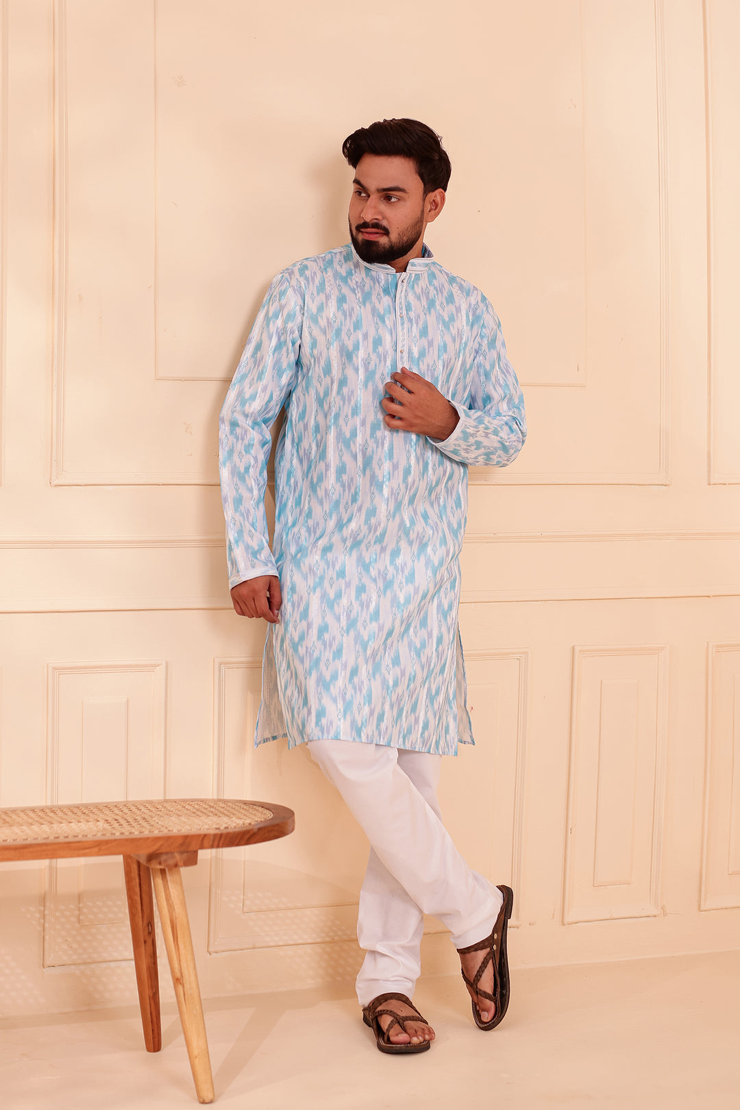 Light Blue Soft Silk Ikat Print Kurta Suit.