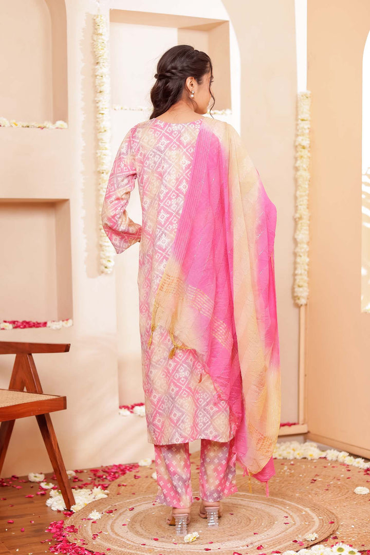 Pink Shaded Bandhani Print Straight Cut Rayon Kurta Set.
