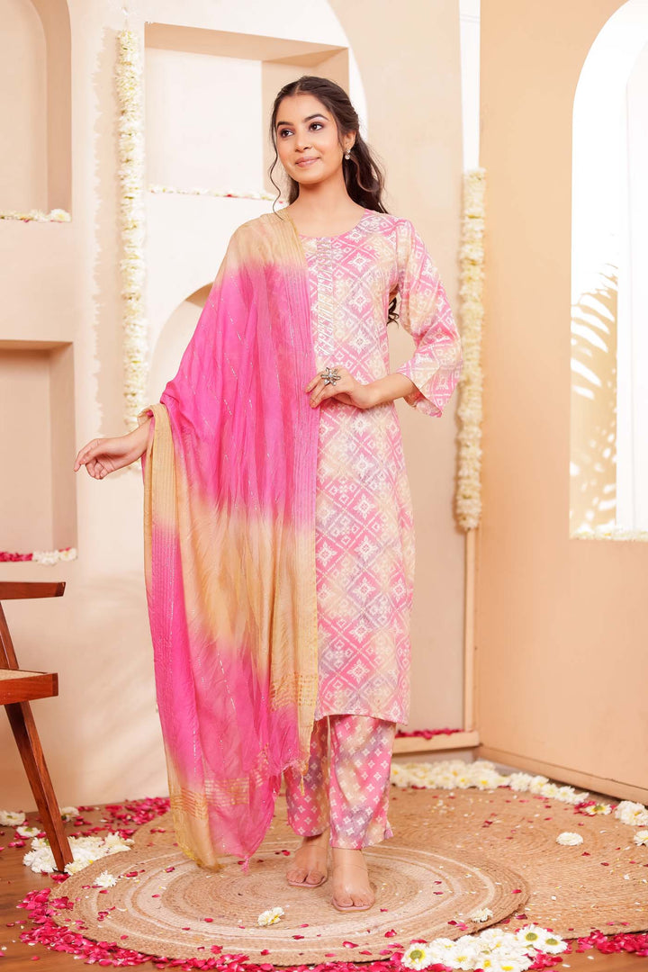 Pink Shaded Bandhani Print Straight Cut Rayon Kurta Set.
