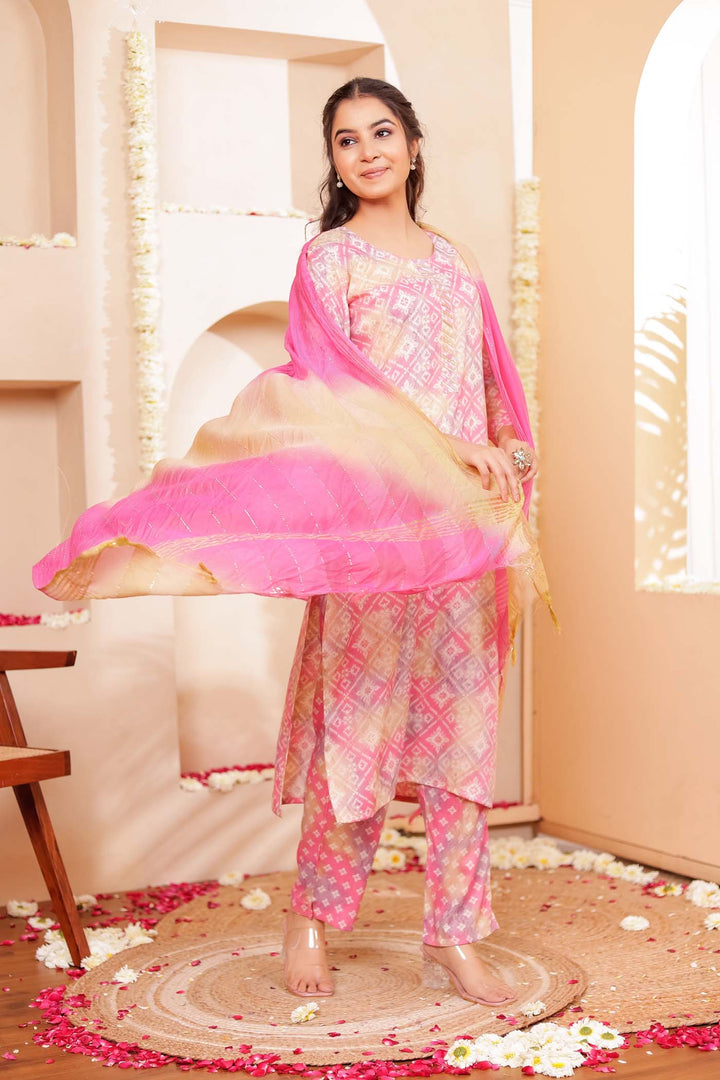 Pink Shaded Bandhani Print Straight Cut Rayon Kurta Set.