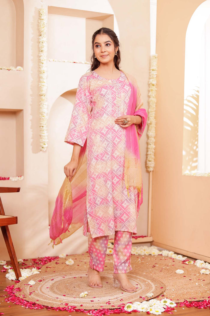Pink Shaded Bandhani Print Straight Cut Rayon Kurta Set.
