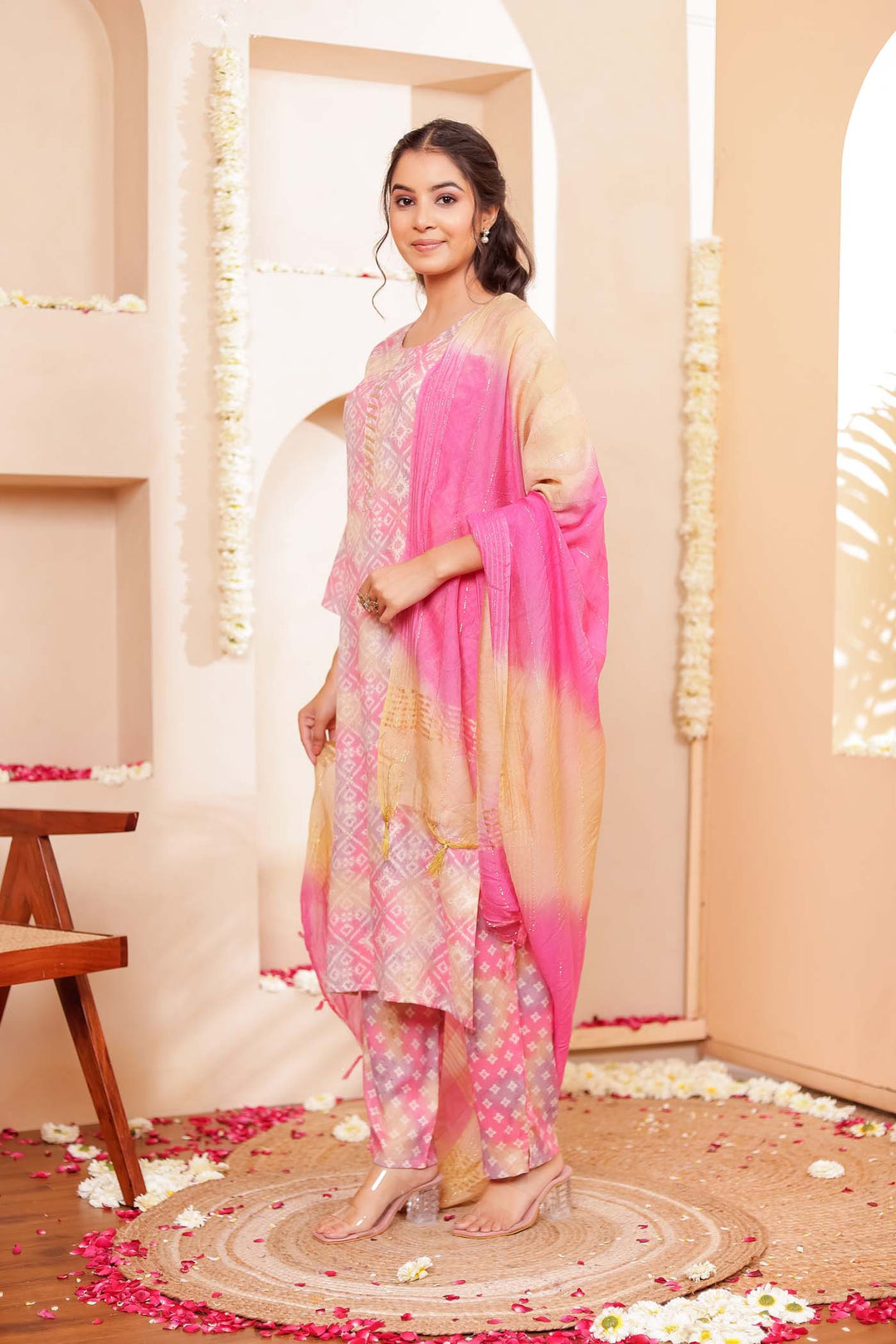 Pink Shaded Bandhani Print Straight Cut Rayon Kurta Set.