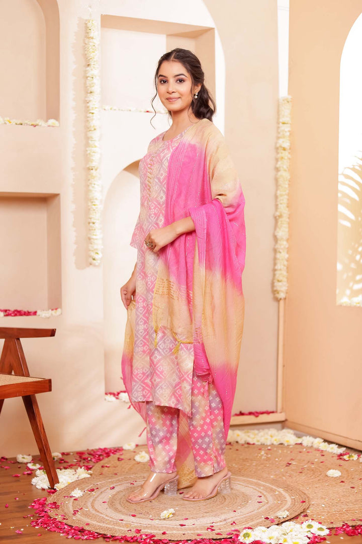Pink Shaded Bandhani Print Straight Cut Rayon Kurta Set.