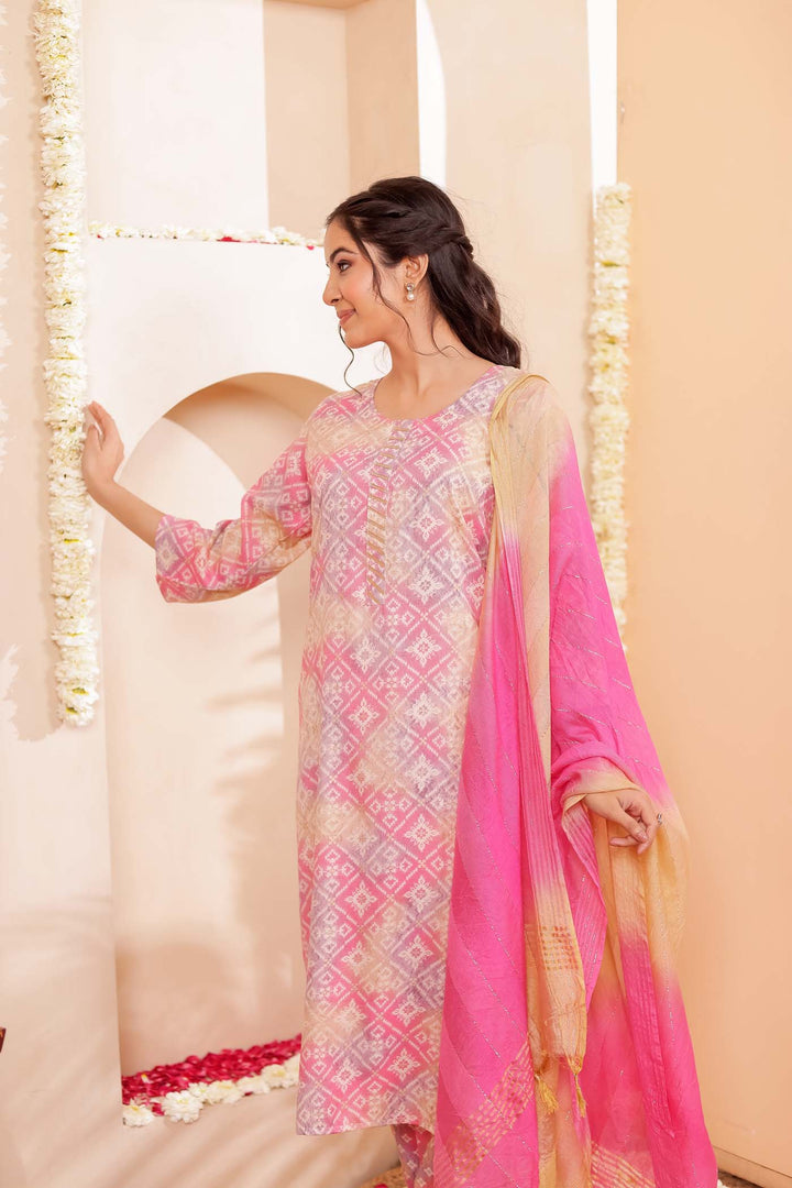 Pink Shaded Bandhani Print Straight Cut Rayon Kurta Set.