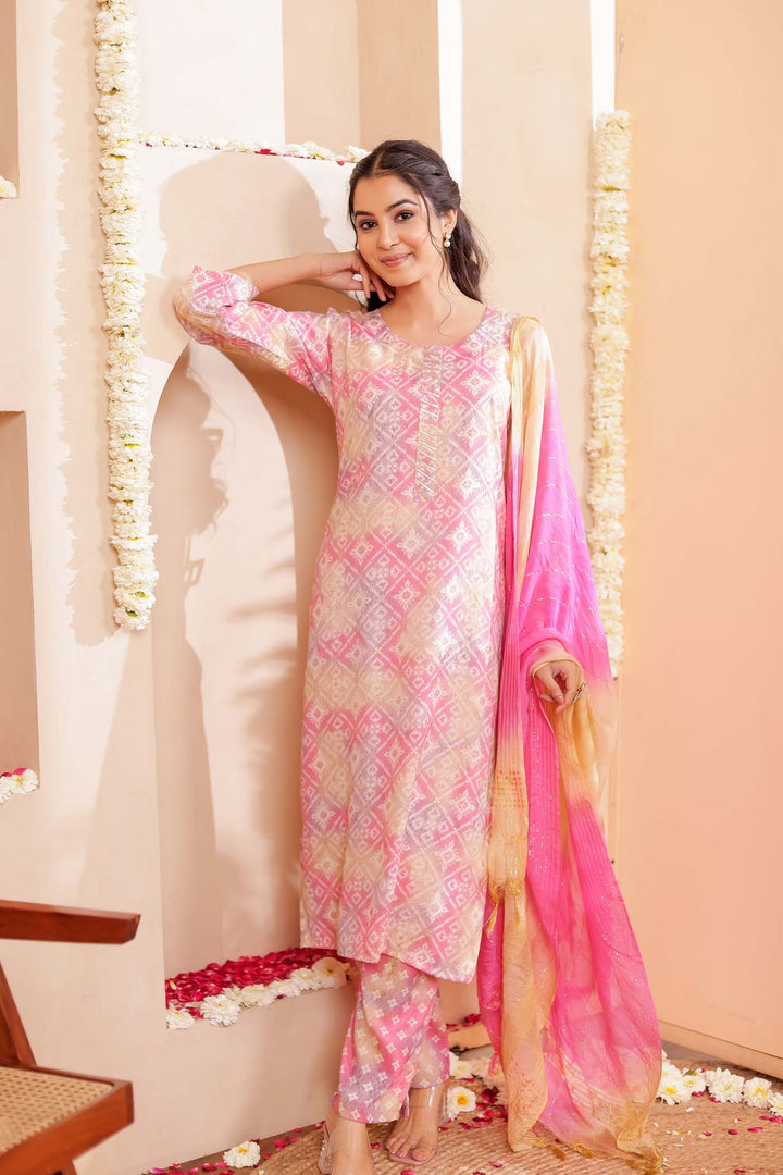 Pink Shaded Bandhani Print Straight Cut Rayon Kurta Set.