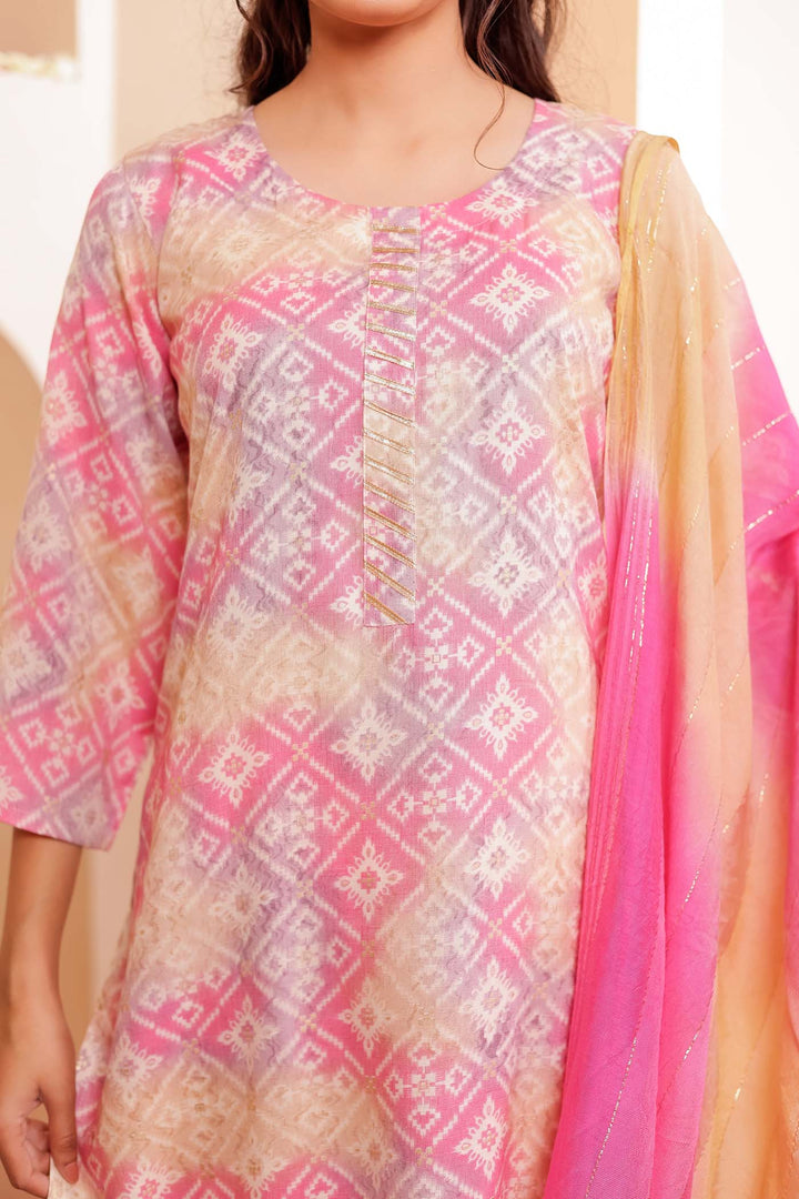 Pink Shaded Bandhani Print Straight Cut Rayon Kurta Set.