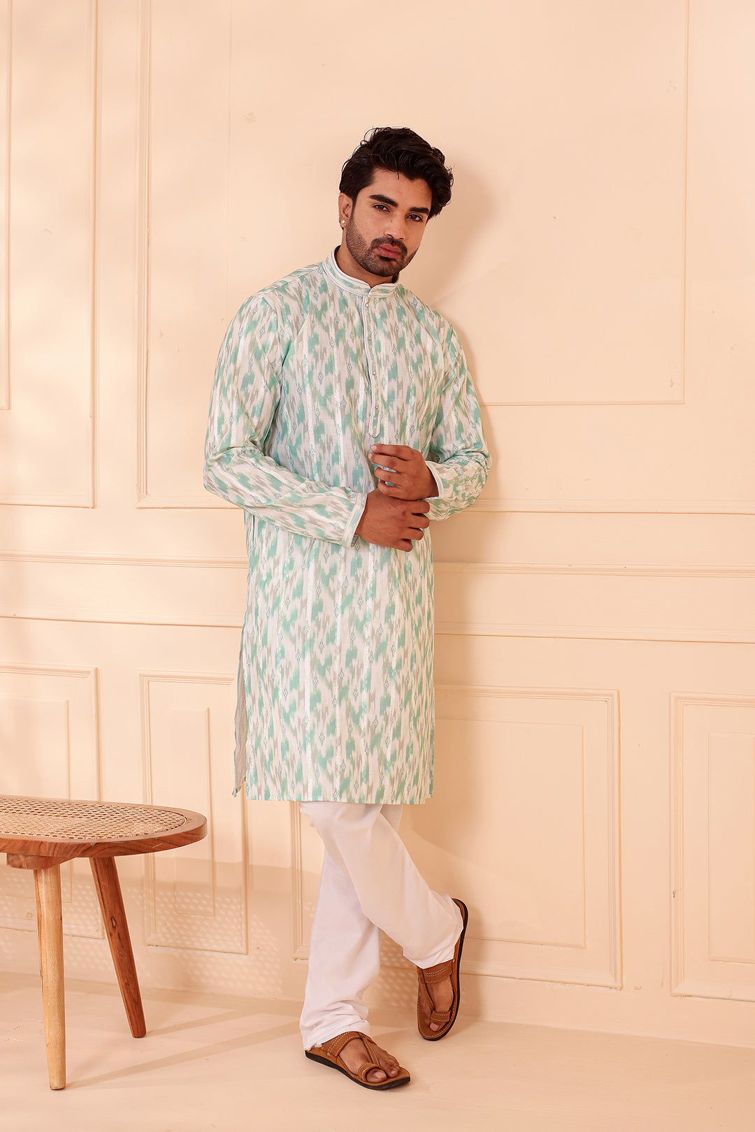 Green Soft Silk Ikat Print Kurta Suit.