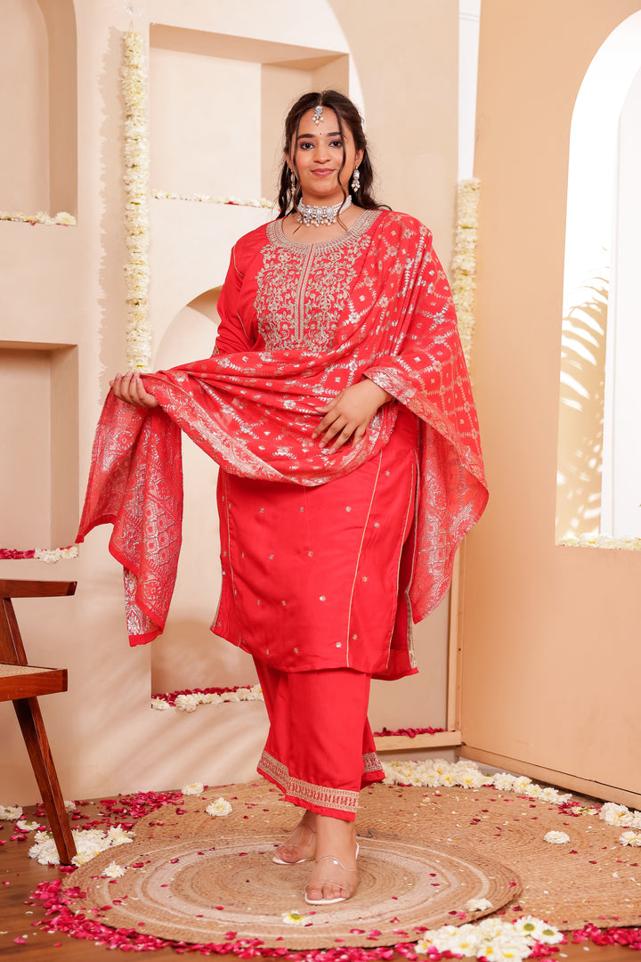 Red Blue Soft Silk Straight Cut Kurta Set