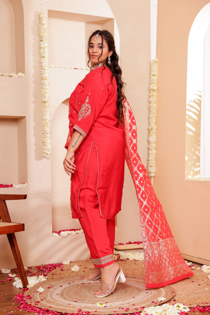 Red Blue Soft Silk Straight Cut Kurta Set