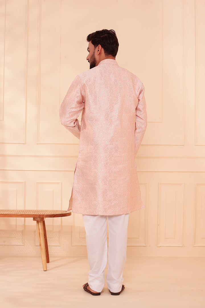 Peach Brocade Silk Kurta Suit with Gold Zari Weave.