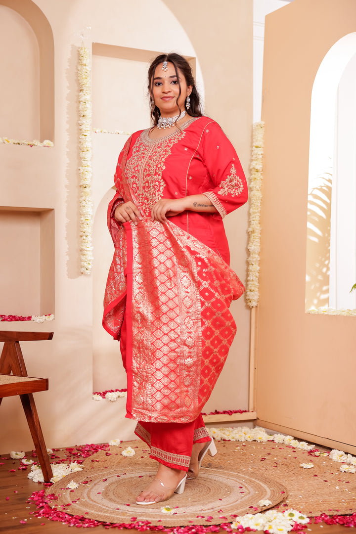 Red Blue Soft Silk Straight Cut Kurta Set