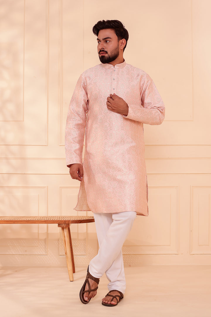 Peach Brocade Silk Kurta Suit with Gold Zari Weave.