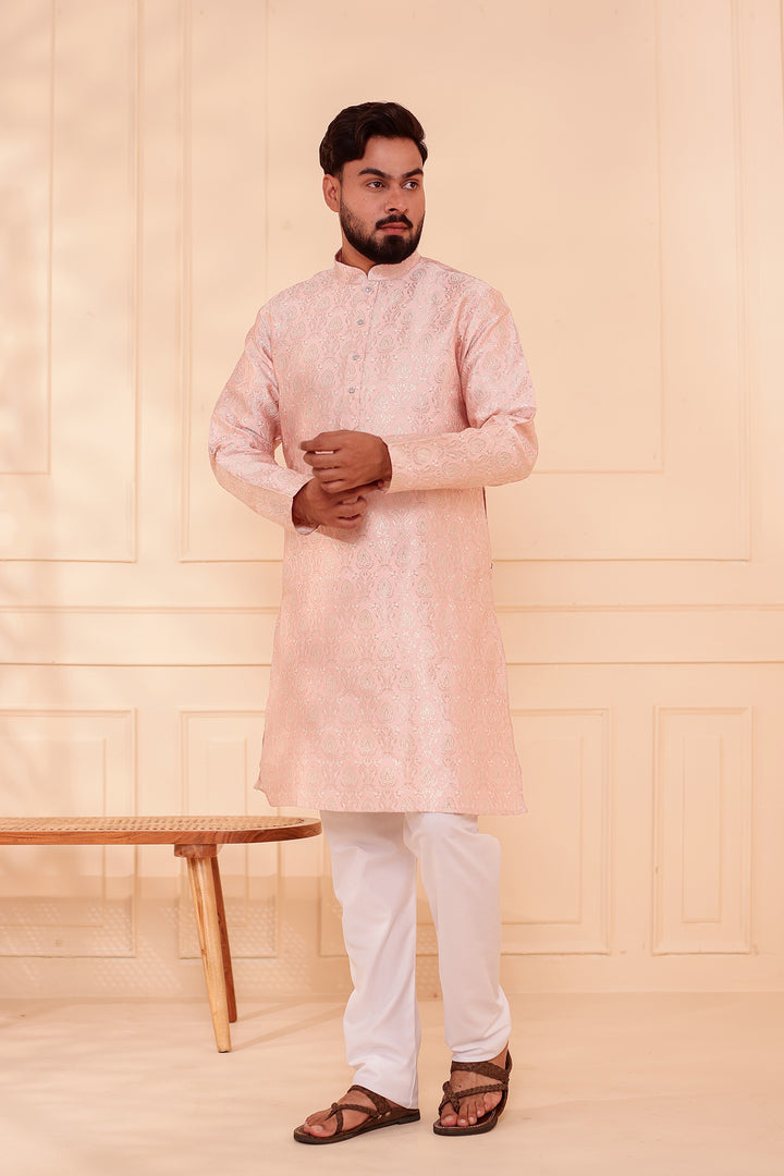 Peach Brocade Silk Kurta Suit with Gold Zari Weave.