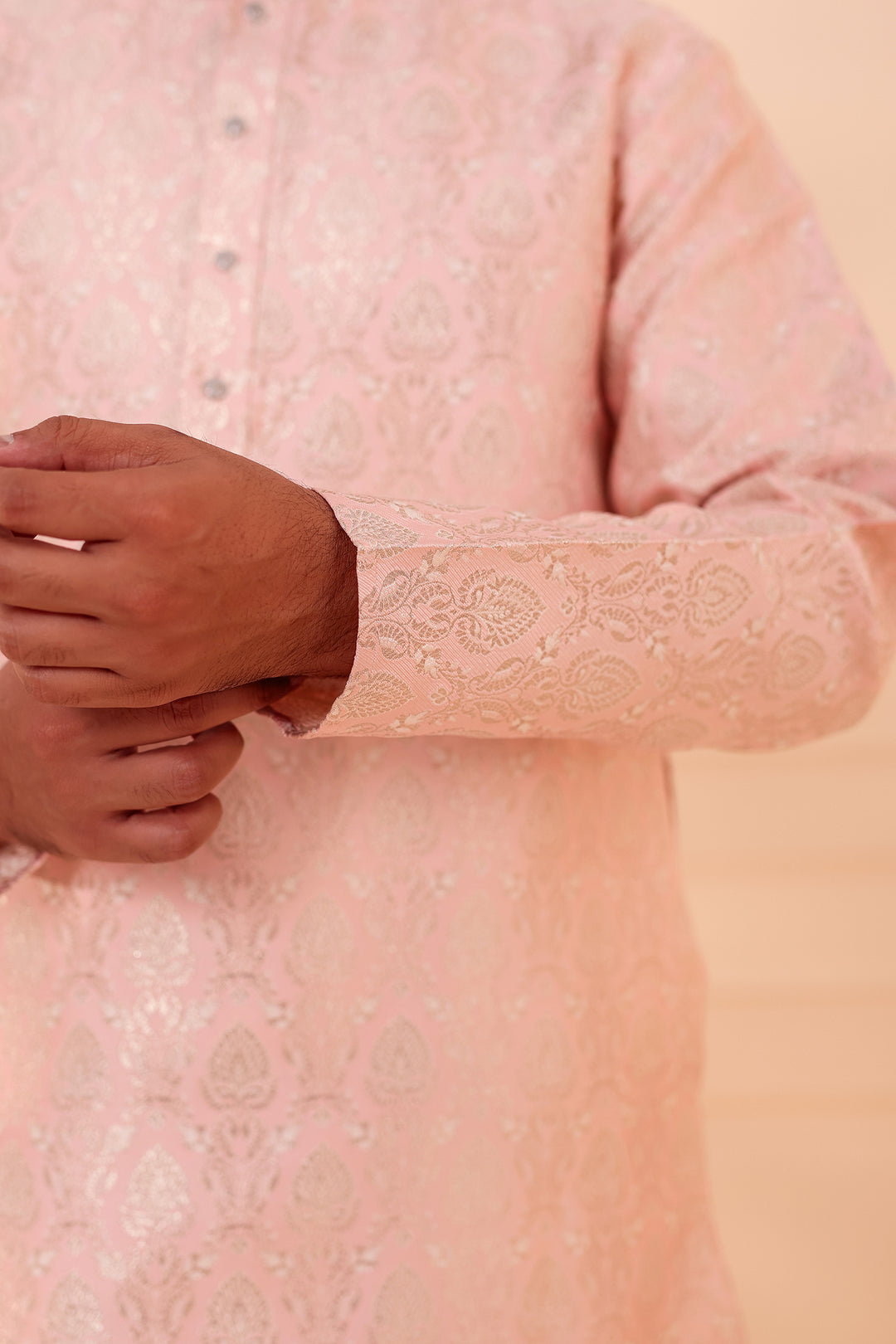 Peach Brocade Silk Kurta Suit with Gold Zari Weave.