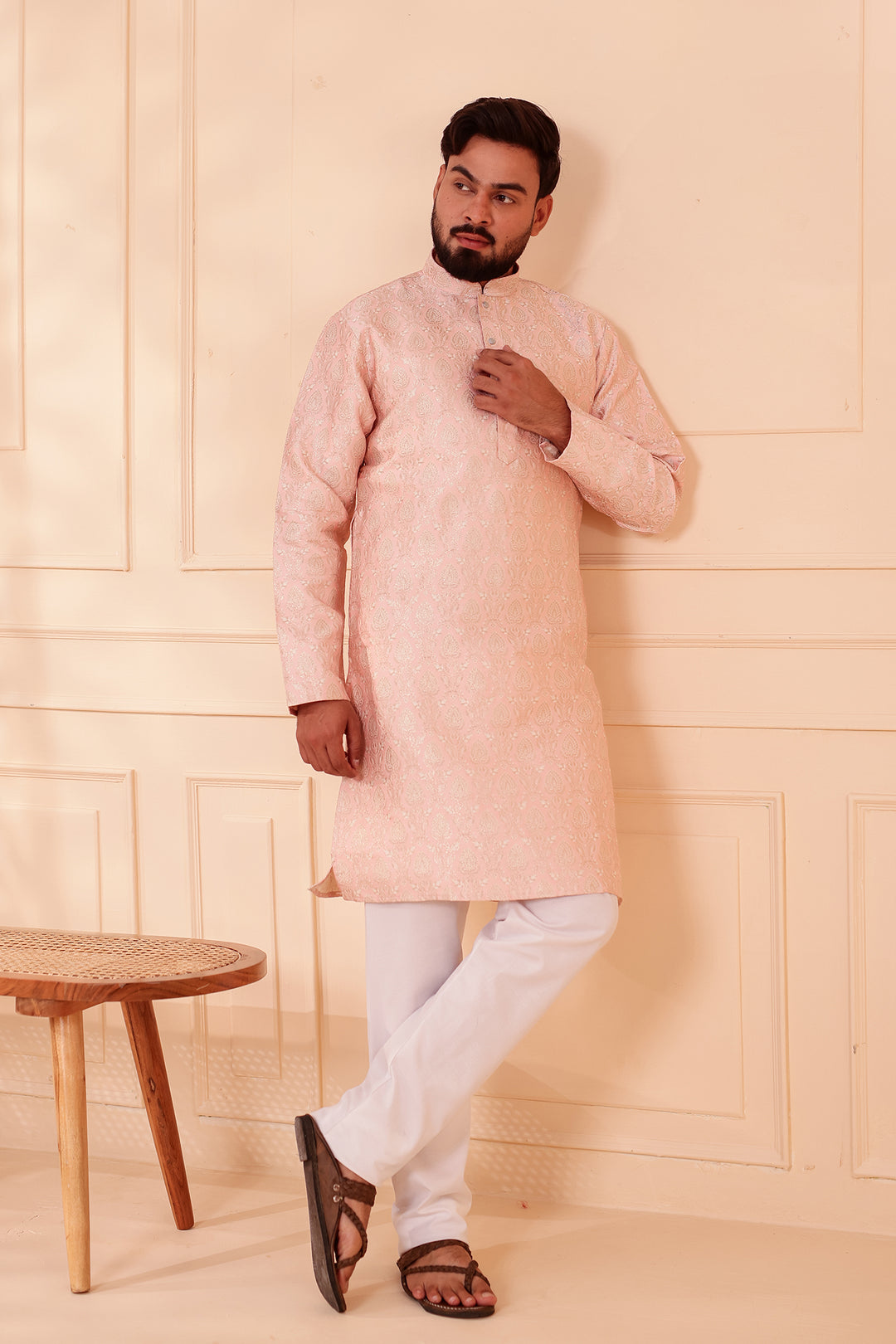 Peach Brocade Silk Kurta Suit with Gold Zari Weave.