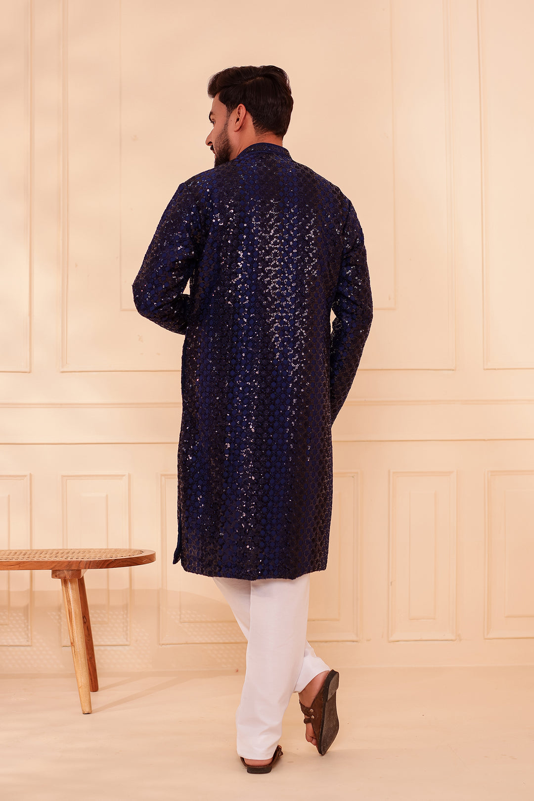 Navy Blue Sequin Embroidery with Zari Weave Kurta Suit.