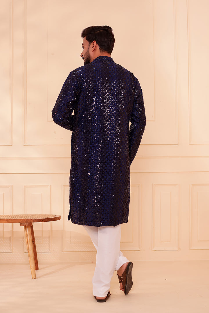 Navy Blue Sequin Embroidery with Zari Weave Kurta Suit.
