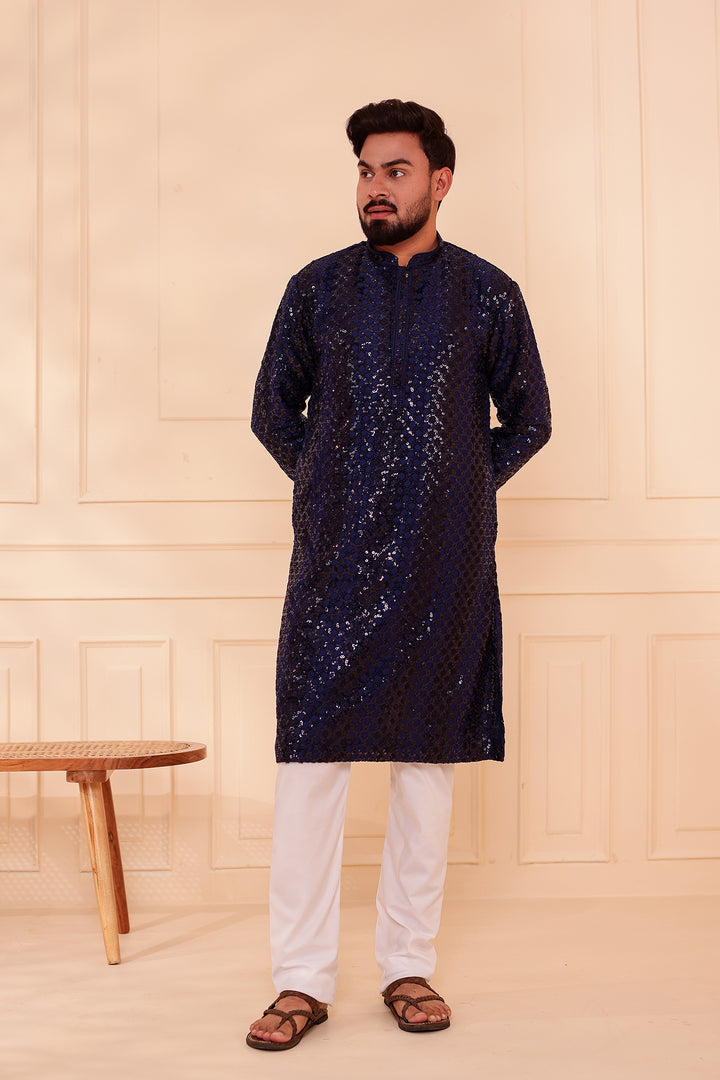 Navy Blue Sequin Embroidery with Zari Weave Kurta Suit.