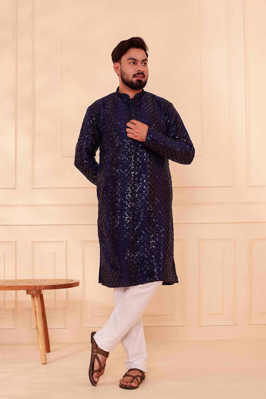 Navy Blue Sequin Embroidery with Zari Weave Kurta Suit.