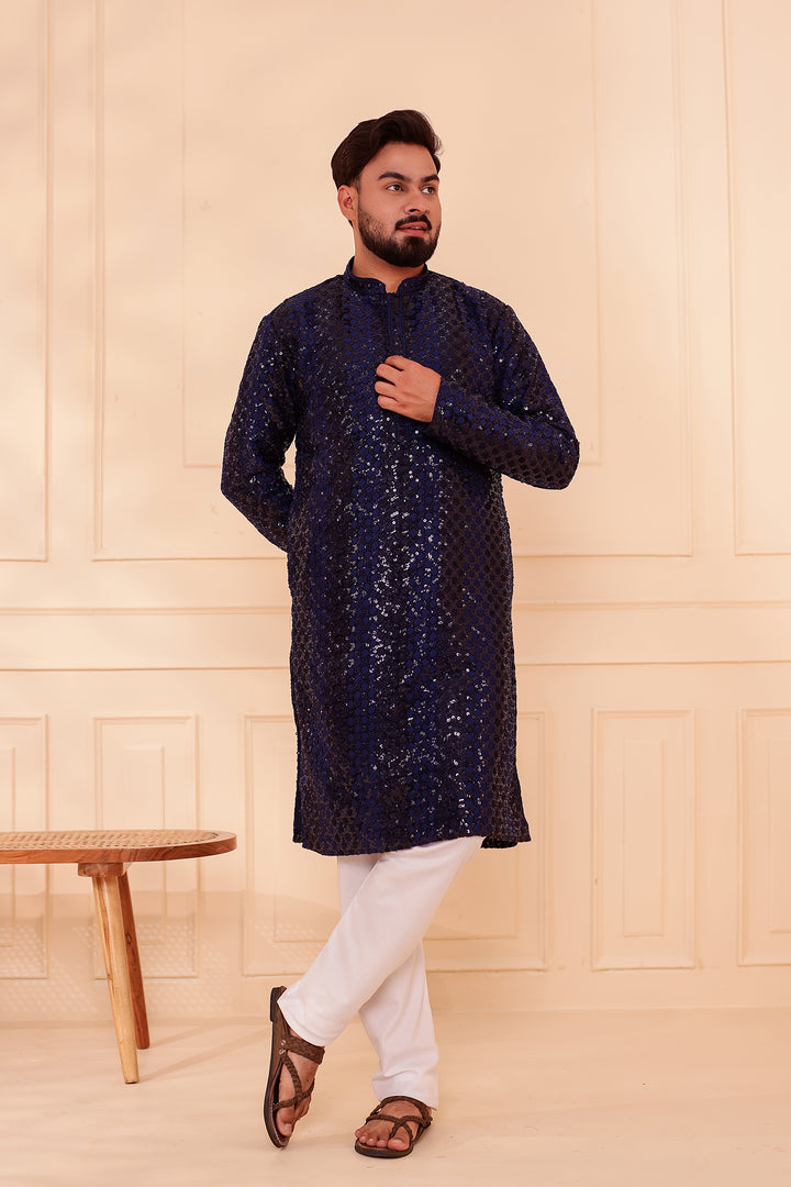 Navy Blue Sequin Embroidery with Zari Weave Kurta Suit.
