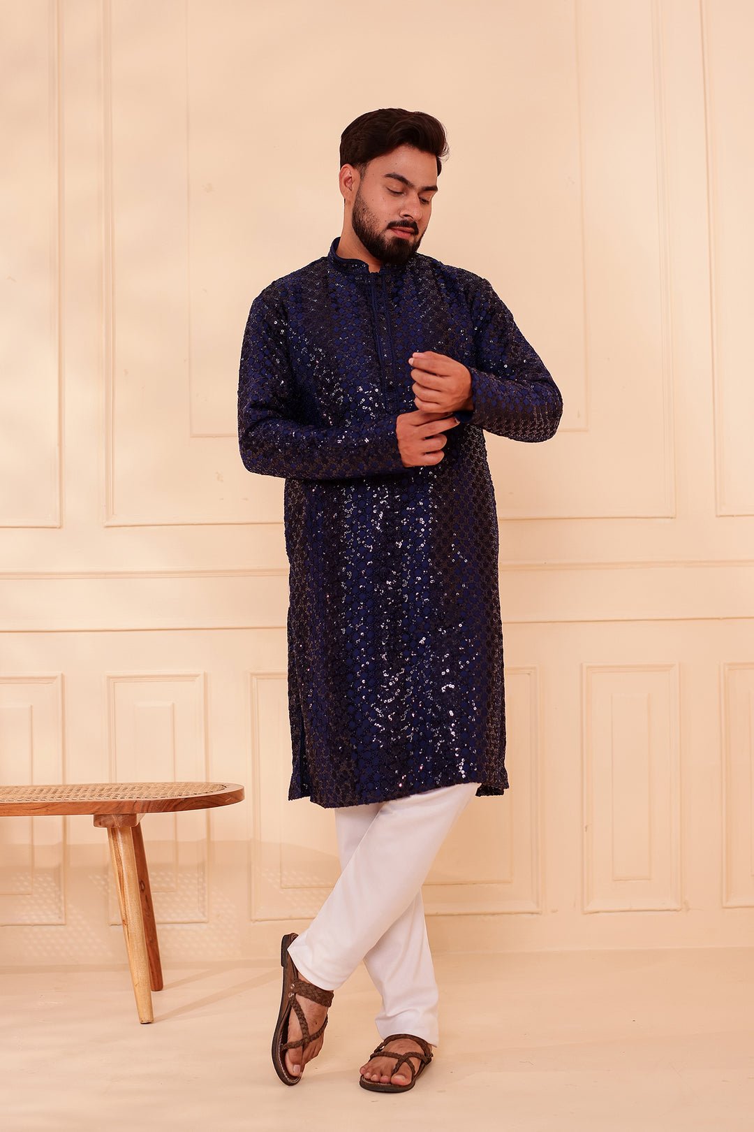 Navy Blue Sequin Embroidery with Zari Weave Kurta Suit.