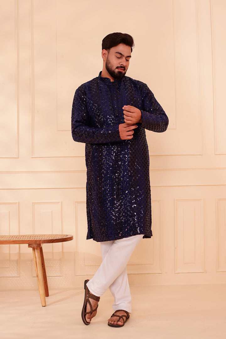 Navy Blue Sequin Embroidery with Zari Weave Kurta Suit.