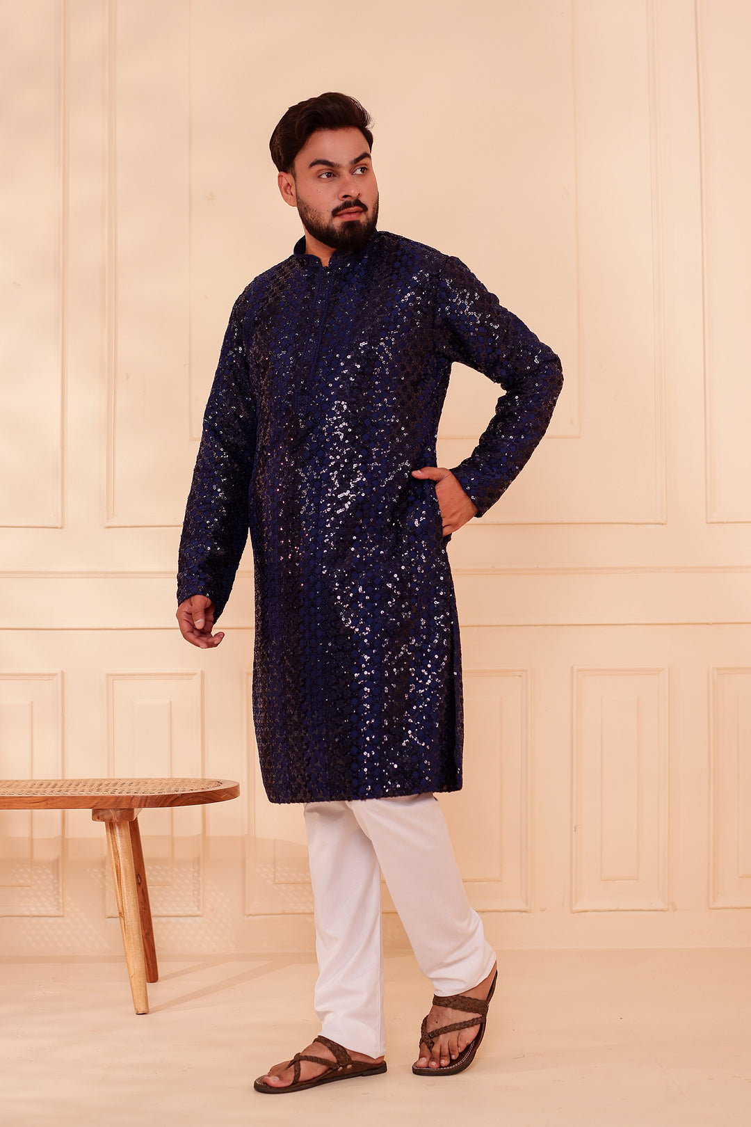 Navy Blue Sequin Embroidery with Zari Weave Kurta Suit.