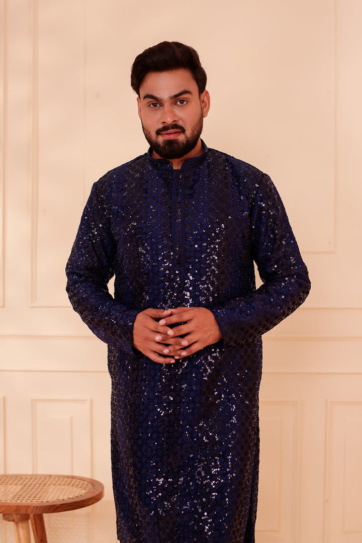 Navy Blue Sequin Embroidery with Zari Weave Kurta Suit.