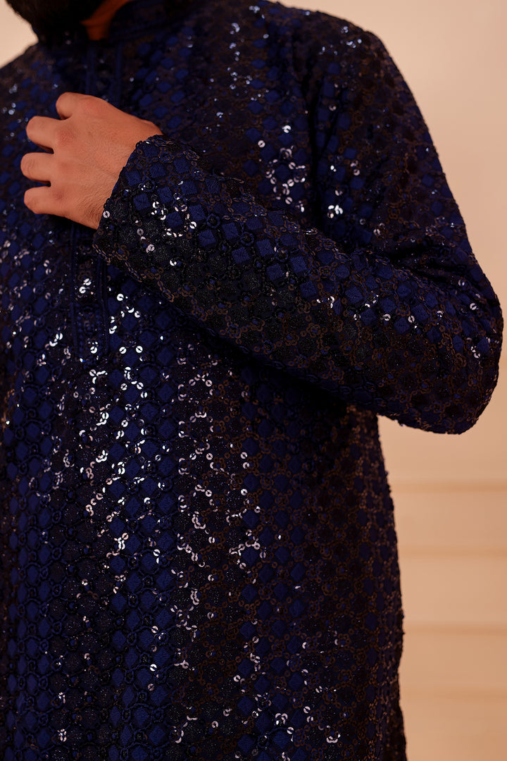 Navy Blue Sequin Embroidery with Zari Weave Kurta Suit.