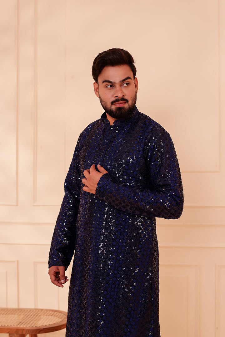 Navy Blue Sequin Embroidery with Zari Weave Kurta Suit.