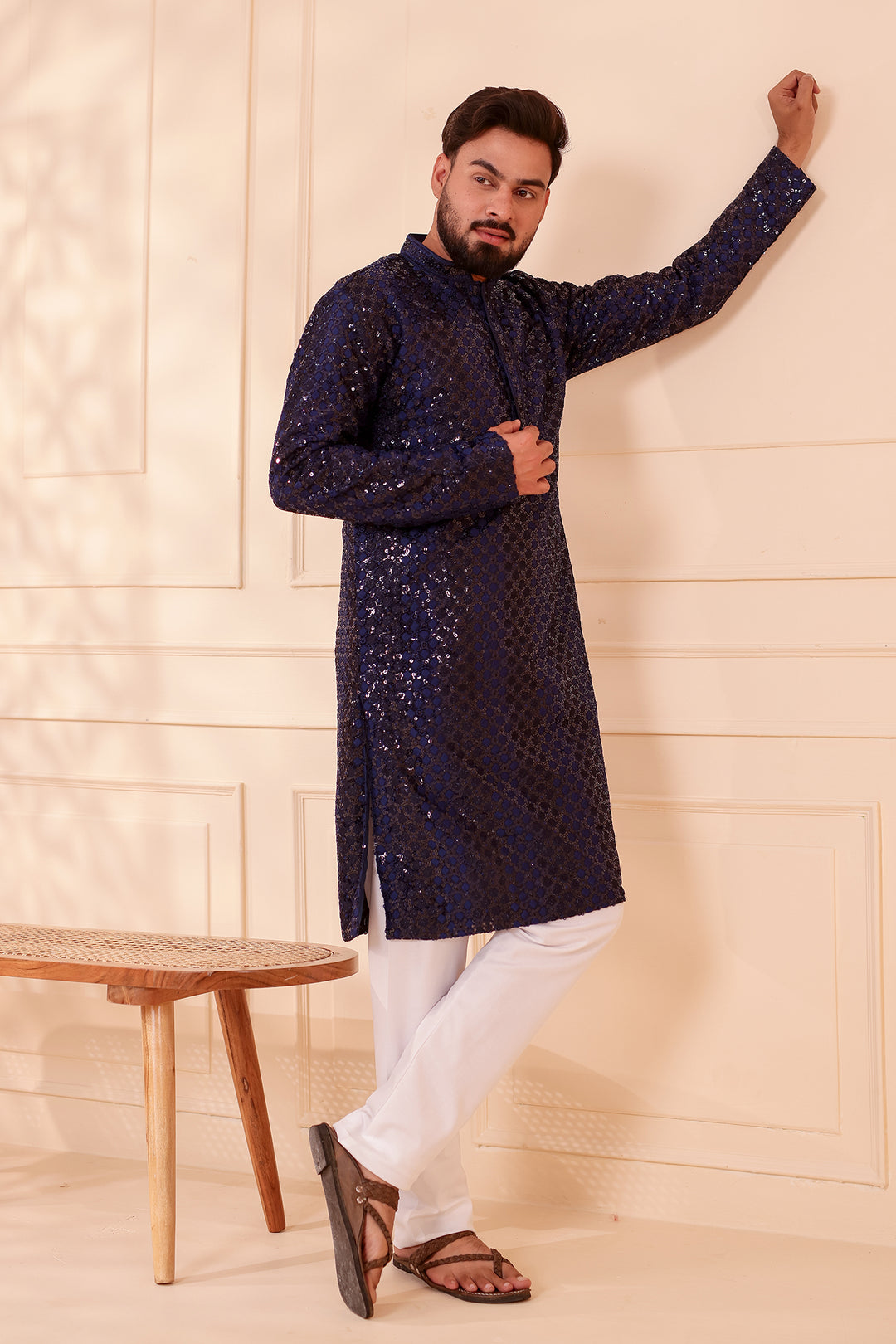 Navy Blue Sequin Embroidery with Zari Weave Kurta Suit.