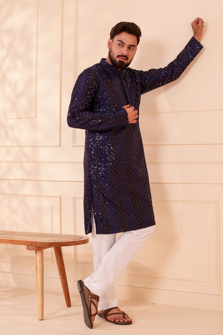Navy Blue Sequin Embroidery with Zari Weave Kurta Suit.
