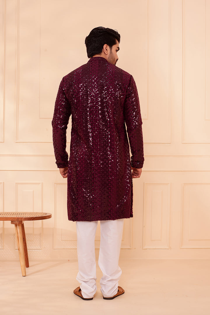 Plum Sequin Embroidery with Zari Weave Kurta Suit.