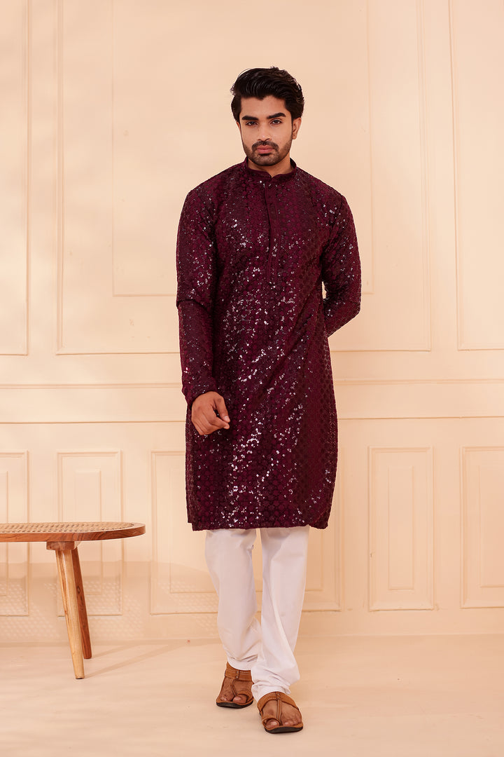 Plum Sequin Embroidery with Zari Weave Kurta Suit.
