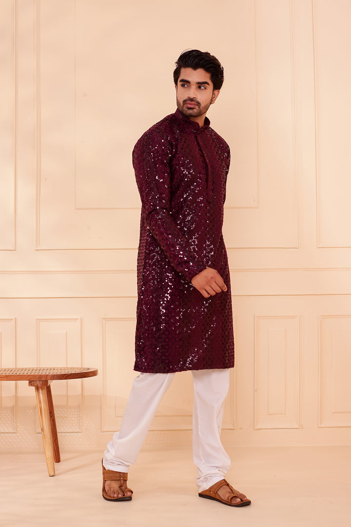 Plum Sequin Embroidery with Zari Weave Kurta Suit.