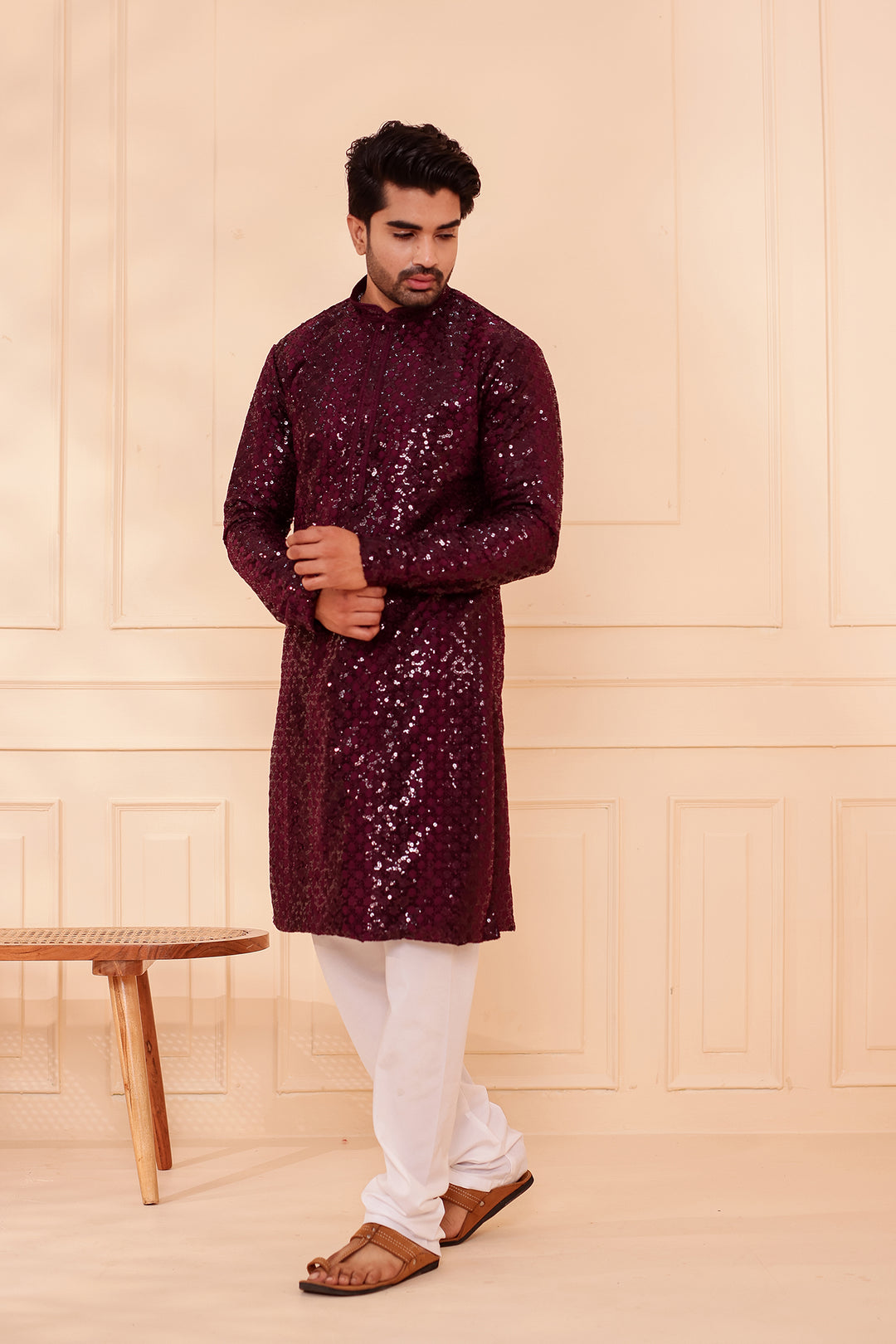 Plum Sequin Embroidery with Zari Weave Kurta Suit.
