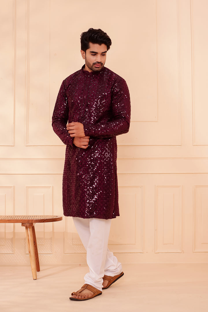 Plum Sequin Embroidery with Zari Weave Kurta Suit.