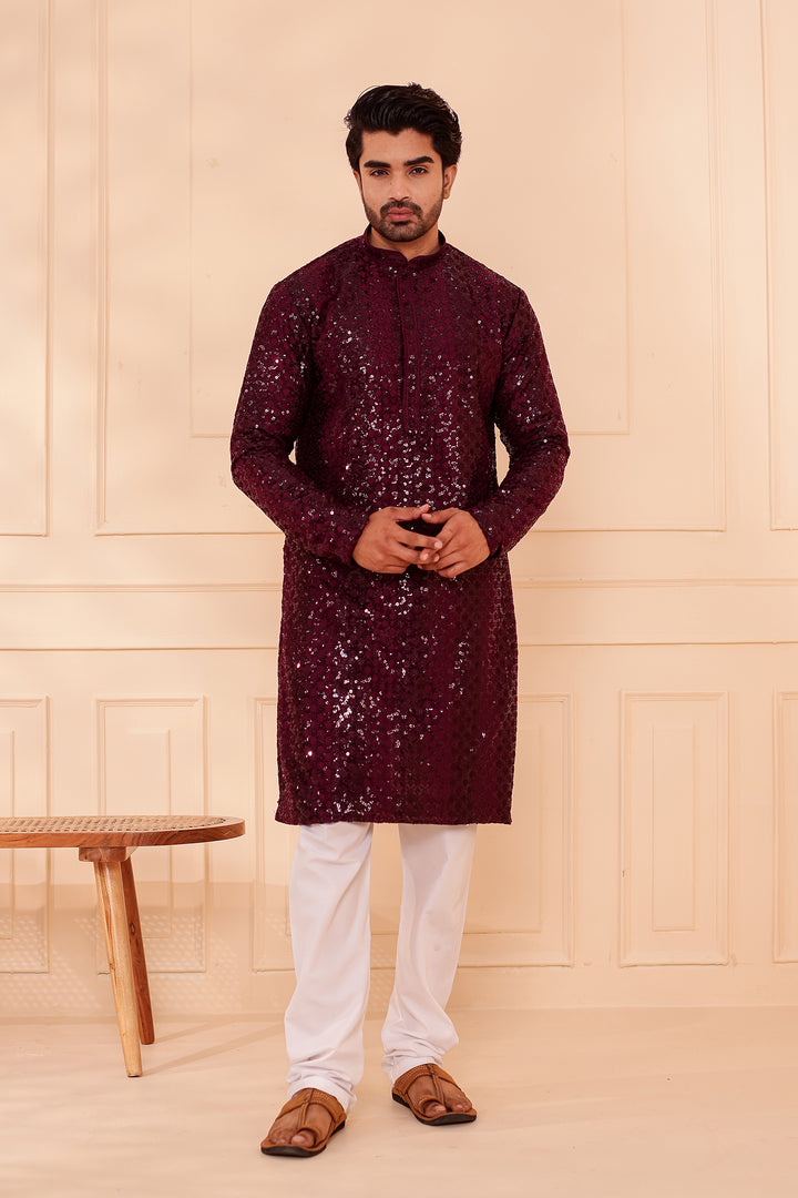 Plum Sequin Embroidery with Zari Weave Kurta Suit.